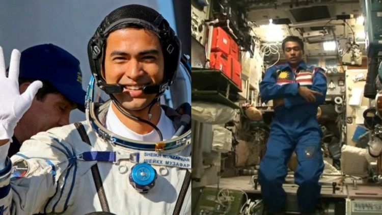 Sheikh Muszaphar Shukor Al Masrie bin Sheikh Mustapha, Astronot Muslim asal Malaysia sedang melaksanakan shalat di pesawat yang dikendarainya keluar angkasa.