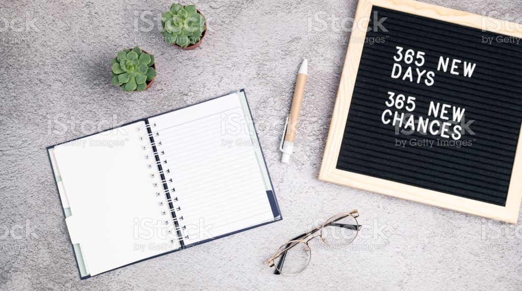 365 new days, 365 new chances. Letter board with motivational quote with notepad , pen, eye glasses and succulent. New yearâs resolutions mockup. Flatlay, top view